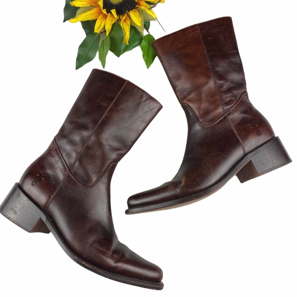 Frye Rush Leather Mid Calf Chunky Heel Boots